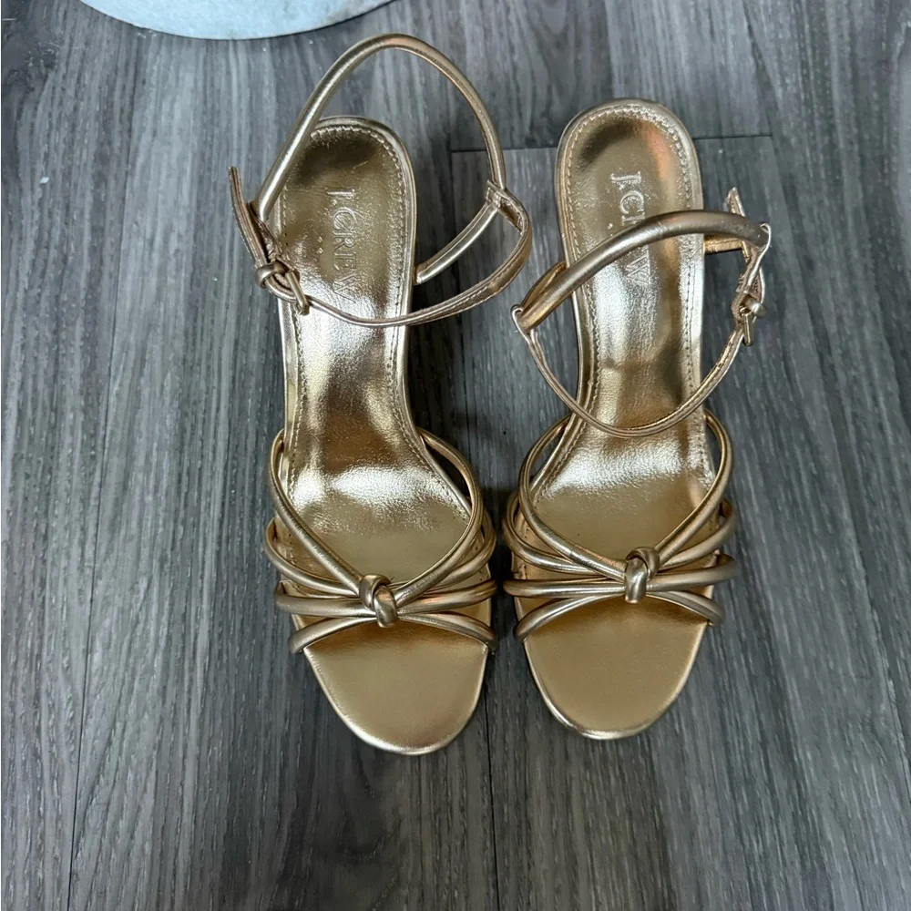 J. Crew Skinny-strap knotted Metallic Gold Strappy Block Heel Sandals size 6 - Picture 3 of 7